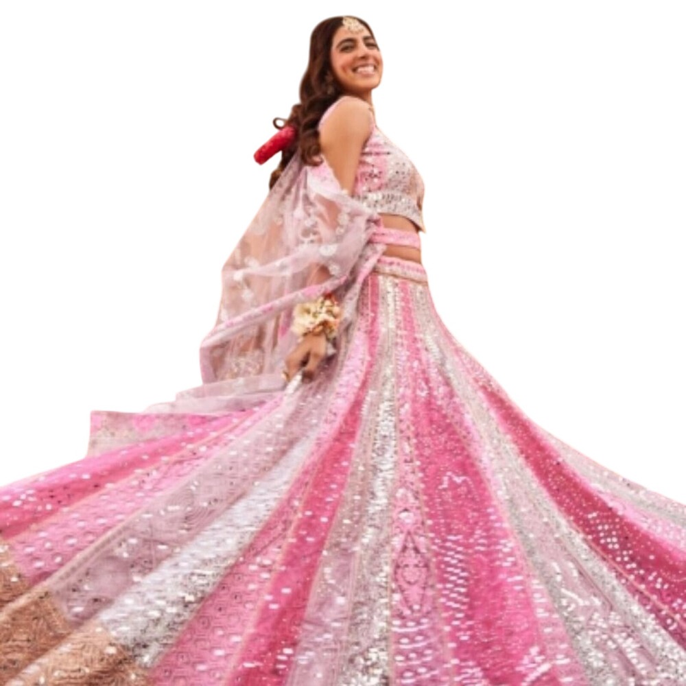 Lehenga Set Custom, Pink 3 piece Mirrorwork‎ w/ exquisite mirror embroidery